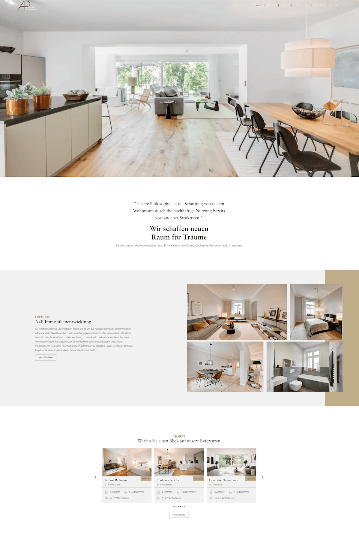 WordPress Webdesign für A+P Immobilienentwicklung München mit Objektgalerie und modernem Wohnraum-Hero
