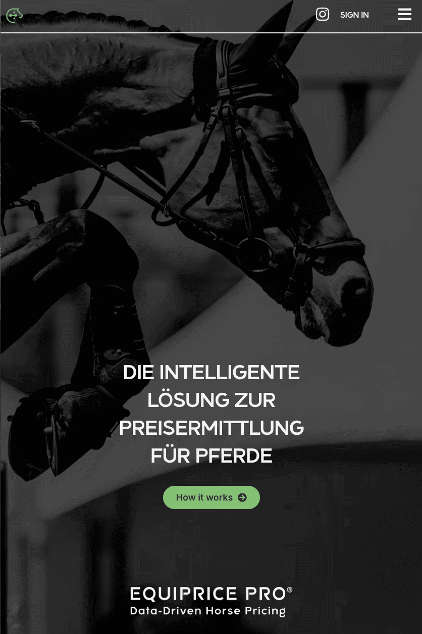 Webdesign Projekt EquiPrice Pro – Hero-Bereich der Startseite mit Pferdebild und Preisermittlungs-Tool
