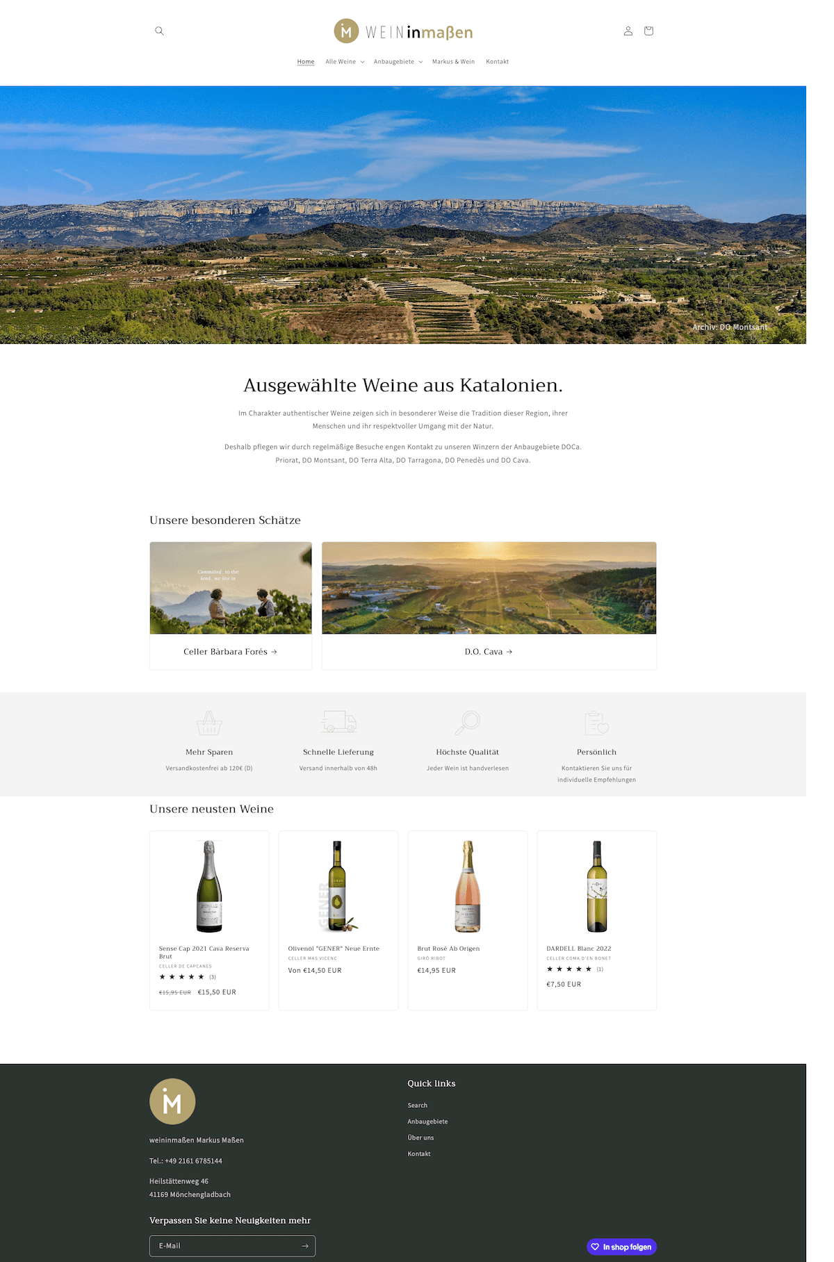 Shopify Online-Shop für Weinhandel mit Produktübersicht und katalanischer Weinregion im Header